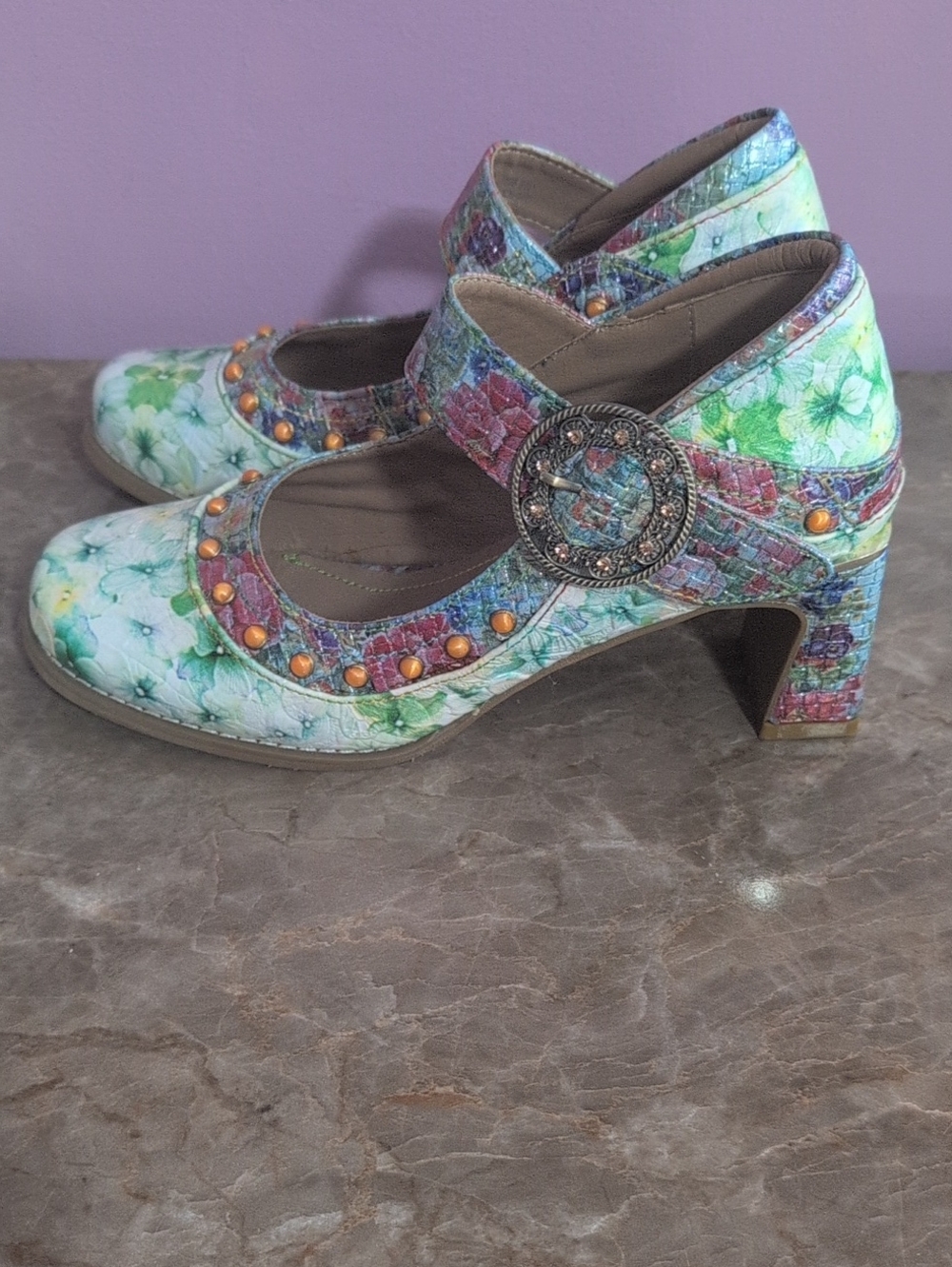 Floral Multi-Tone Mary Jane Heels with Decorative Buckle